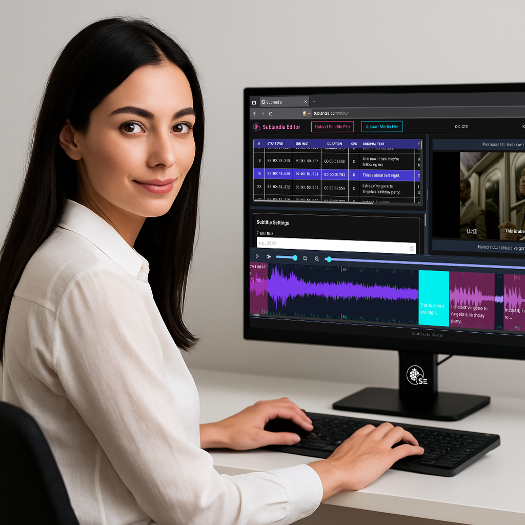 Professional subtitler preparing an ETT (English Template Titling) file in Sublandia Editor for audiovisual localization